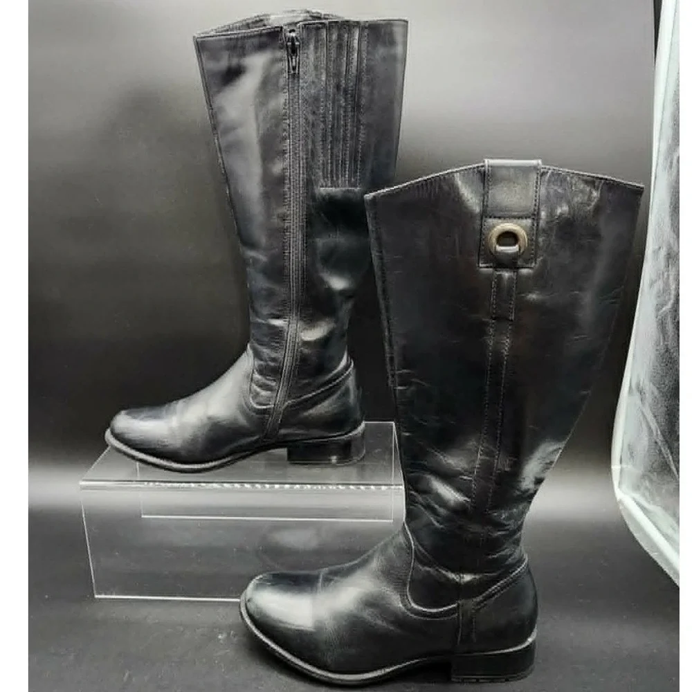 Clarks Knee High Riding Boots Women Black 7M Leather Tall Zip Lug Sole READ‎